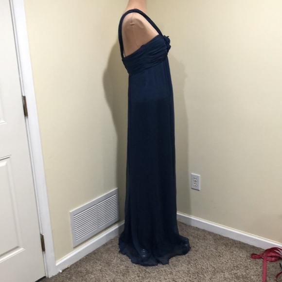 Amsale Formal Maxi Dress Size 2 Navy Blue Rosette Silk One Shoulder Gown - Picture 4 of 8
